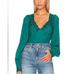 Free People Size-XL/T Women's Top Janelle Green Balloon Sleeve Lace Trim Smocked